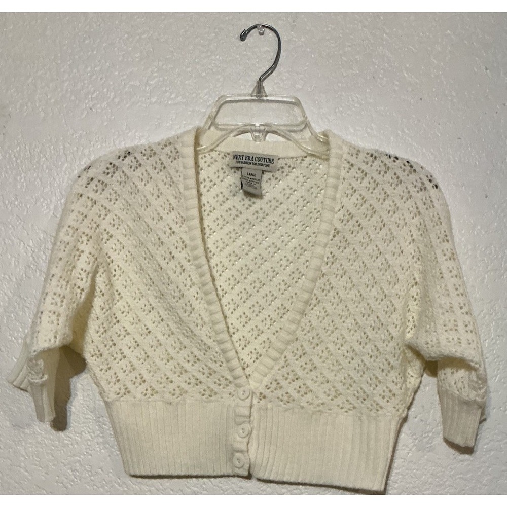 Next Era Couture Ivory Pointelle Knit Shrug Bolero Cropped Cardigan Large Y2K